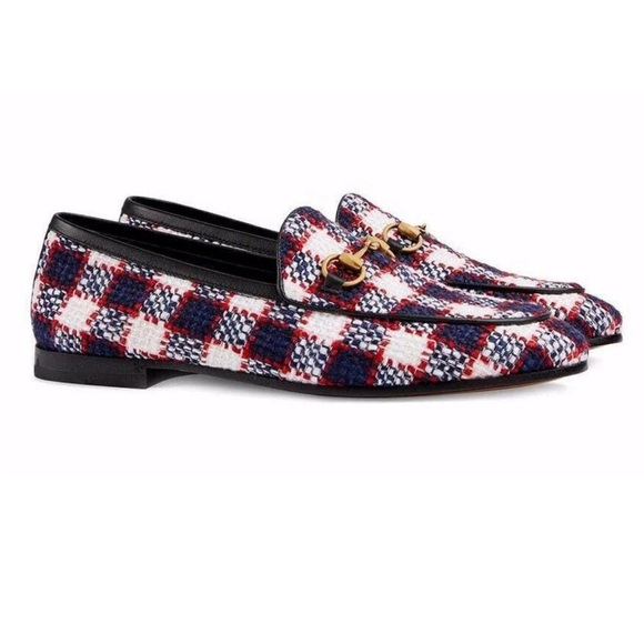 Gucci New Jordaan Black Red White Blue Tweed Check Loafer Mule Slipper Flat - Picture 1 of 13